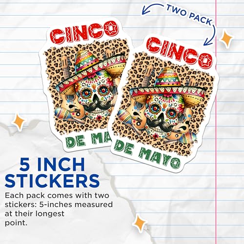 (2 Pack) Cinco de Mayo Skull Stickers - Mexican Holiday - Sugar Skull - Fiesta Decor - Cinco De Mayo Party - 5" On Longest Side - Sticks to Smooth Flat Surfaces - Made in USA - BMCS8227