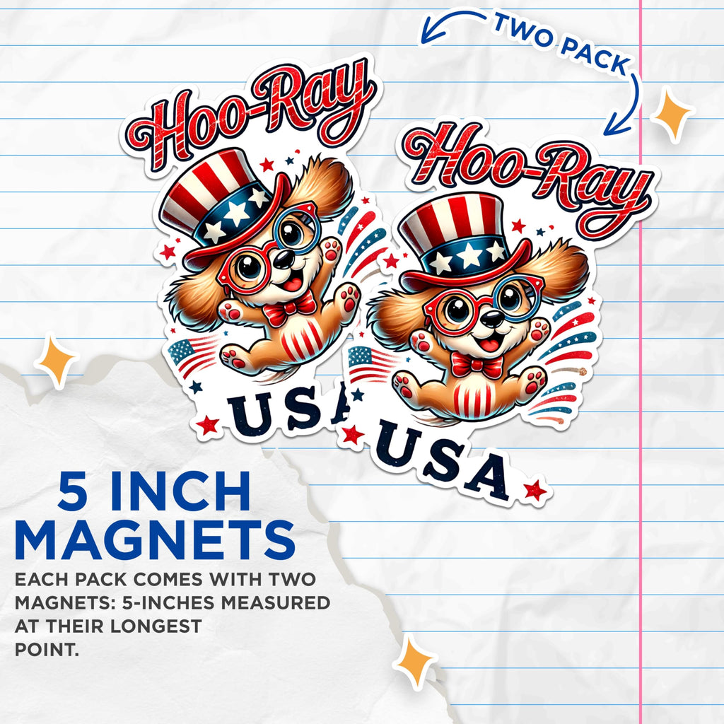 (2 Pack) Hoo-Ray USA Magnets - Patriotic Dog Magnets - American Celebration Magnets- 5" On Longest Side - for Fridges, Toolboxes, Cars - Made in USA - MAG2722