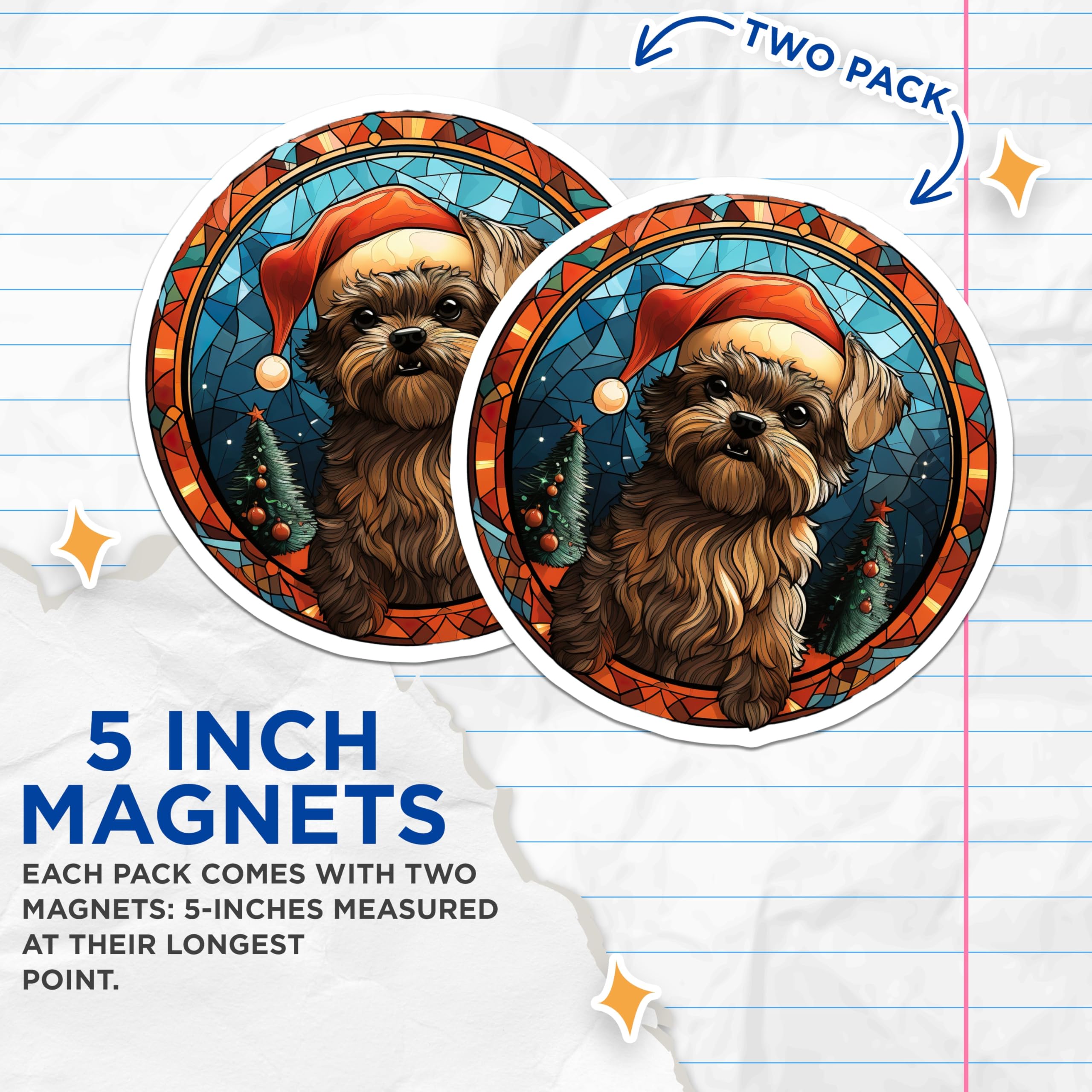(2 Pack) Christmas Dog Magnets - Yorkie Santa Hat Stained Glass Decor - Holiday Pet Lover Refrigerator Magnets - 5 Inches On Longest Side - Thick Durable Magnet - Made in USA - MAG26788