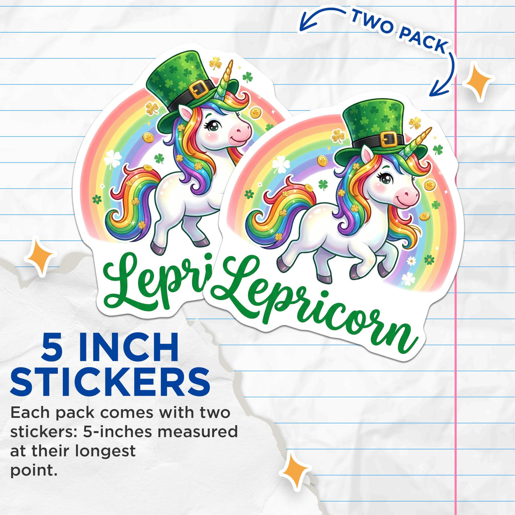 (2 Pack) Lepricorn Stickers - Unicorn Leprechaun Hat - St Patricks Day Unicorn Decal- 5" On Longest Side - Sticks to Smooth Flat Surfaces - Made in USA - BMCS16699