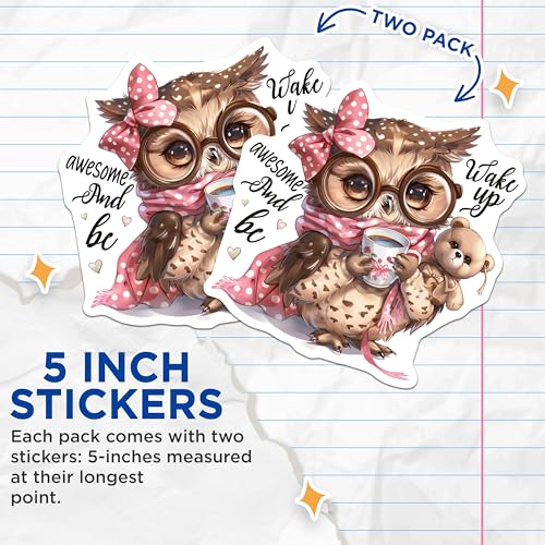 (2 Pack) Cute Owl with Teddy Bear Stickers - Inspirational Coffee Owl Stickers - Wake Up and Be Awesome Stickers - 5" On Longest Side - Sticks to Smooth Flat Surfaces - Made in USA - BMCS4360