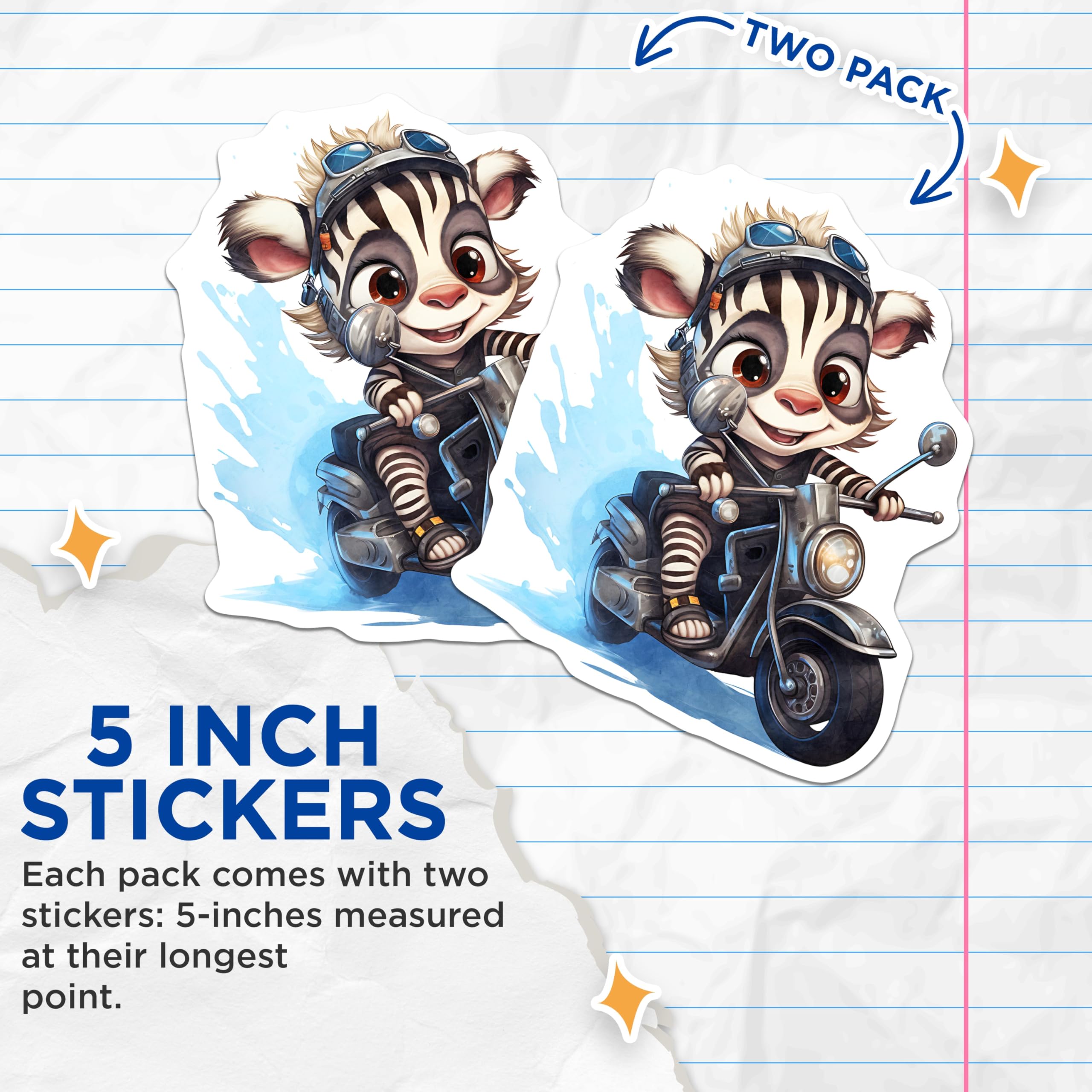 (2 Pack) Zebra Motorbike Stickers - Cartoon Animal Decals - Cute Scooter Rider Art - 5" On Longest Side - Sticks to Smooth Flat Surfaces - Made in USA - BMCS17006