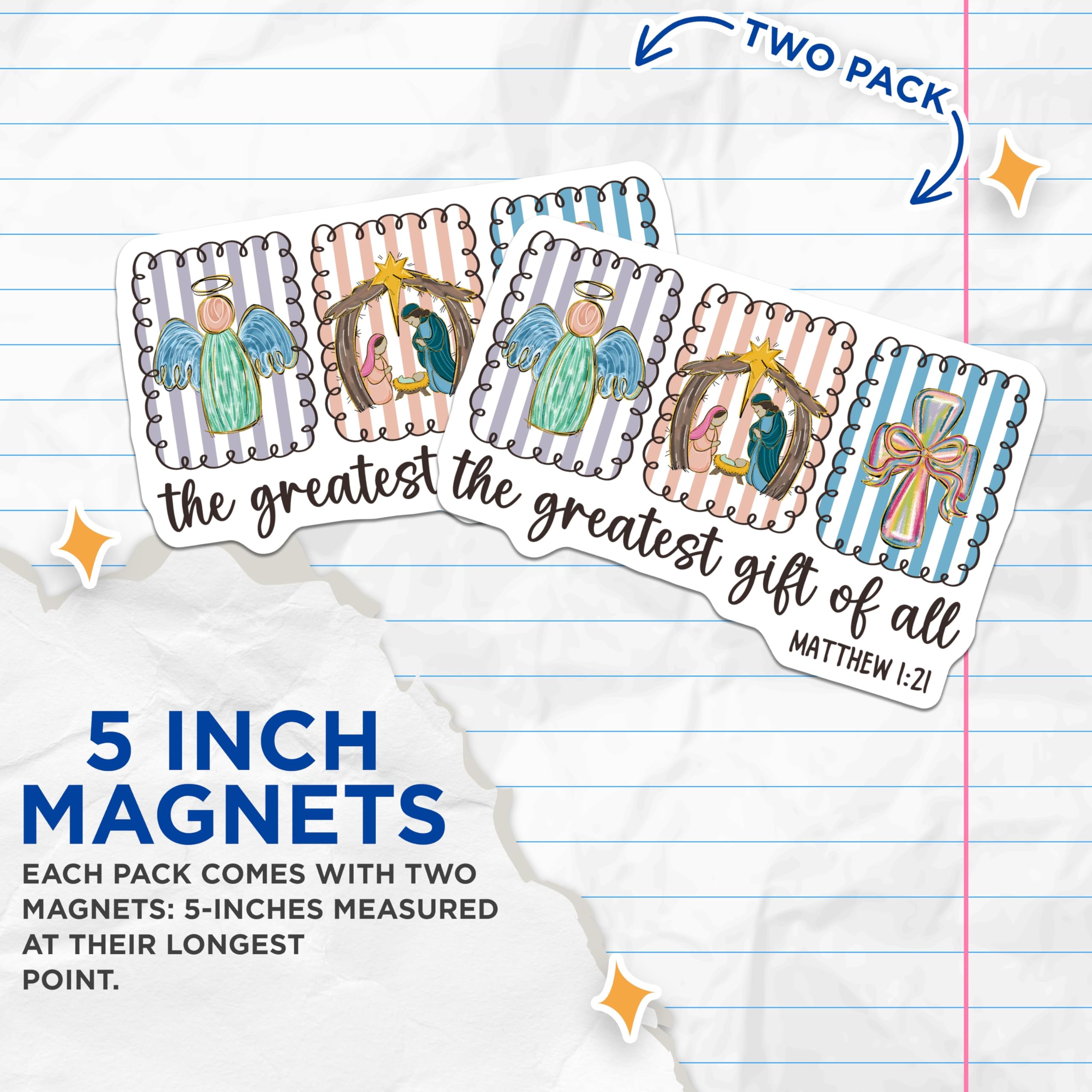 (2 Pack) Christian Christmas Magnets - Nativity Scene Decor - Matthew 1:21 Bible Verse - 5 Inches On Longest Side - Thick Durable Magnet - Made in USA - MAG28570