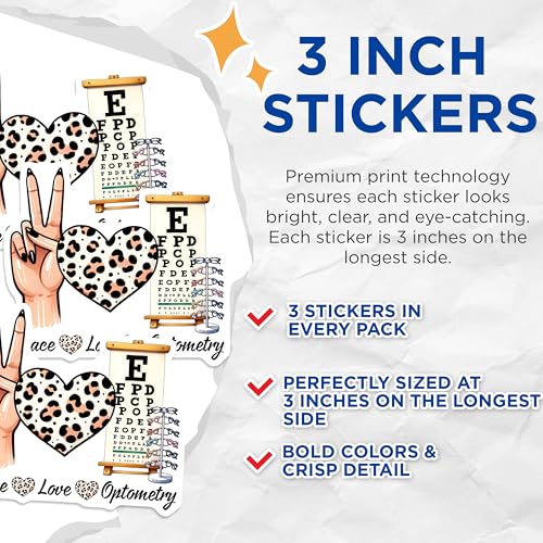 (3 Pack) Optometry Decals - Eye Exam - Peace Love Decal - 3 Inches On Longest Side - Easy Peel & Apply - Made in USA - 3MCS6841