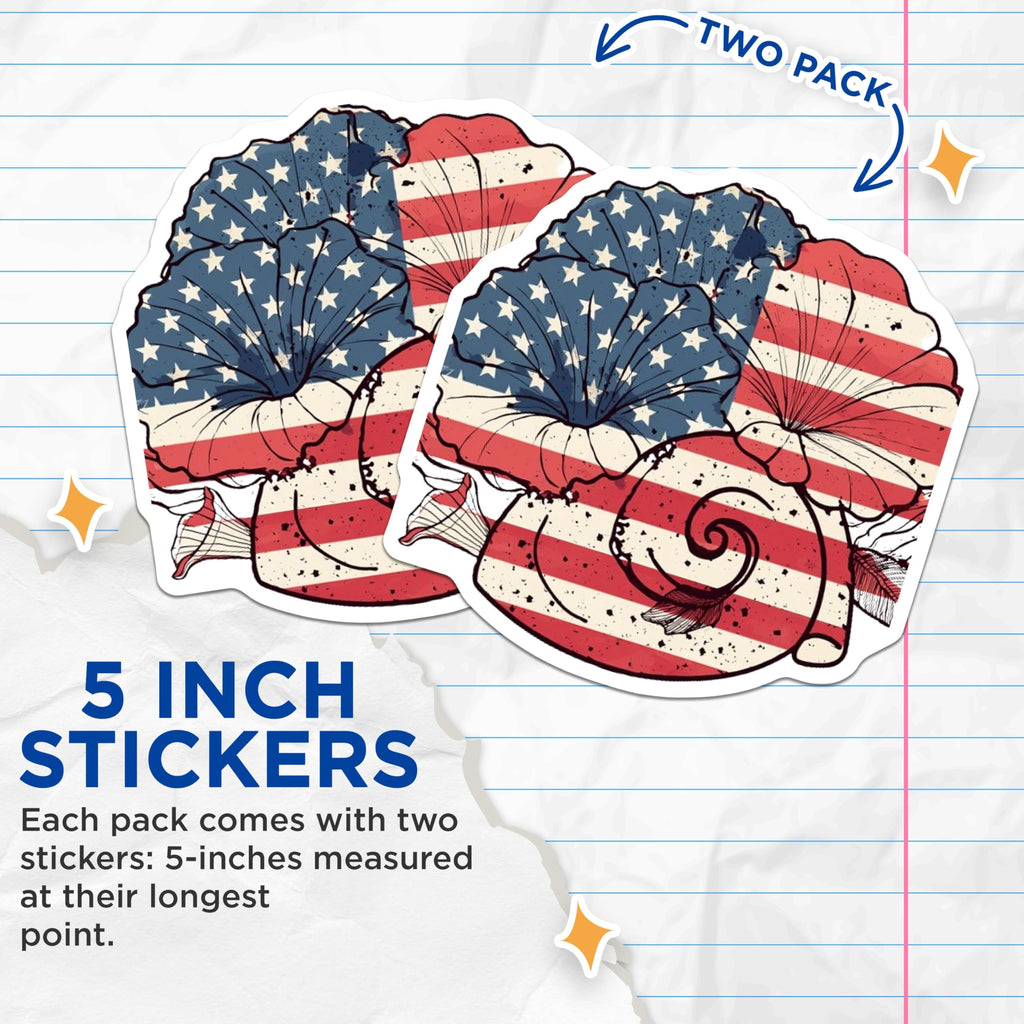 (2 Pack) Patriotic Seashell Stickers - American Flag Theme - Beach Ocean Sticker - 5" On Longest Side - Sticks to Smooth Flat Surfaces - Made in USA - BMCS8990