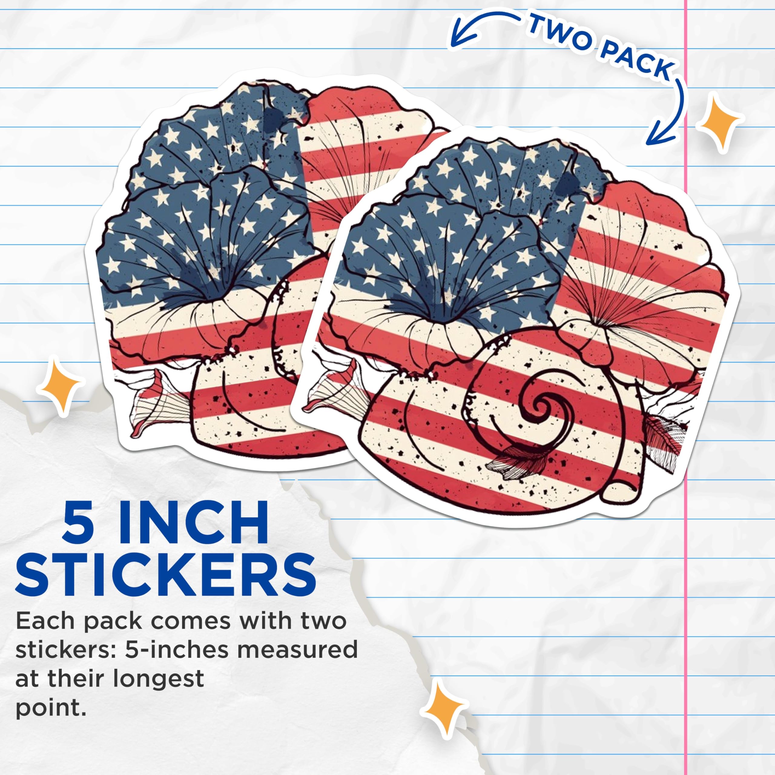 (2 Pack) Patriotic Seashell Stickers - American Flag Theme - Beach Ocean Sticker - 5" On Longest Side - Sticks to Smooth Flat Surfaces - Made in USA - BMCS8990