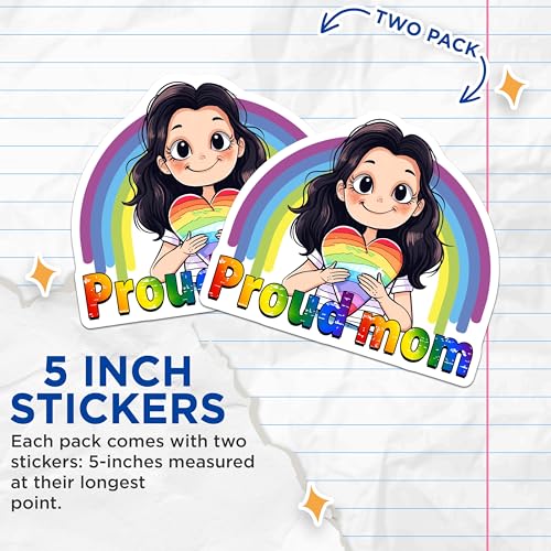 (2 Pack) Proud Mom Rainbow Stickers - Love and Support Decals - 5" On Longest Side - Sticks to Smooth Flat Surfaces - Made in USA - BMCS9185 - BMCS9185