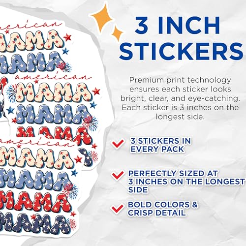 (3 Pack) American Mama Decals - Patriotic Mama - July 4th Mama - 3 Inches On Longest Side - Easy Peel & Apply - Made in USA - 3MCS6208