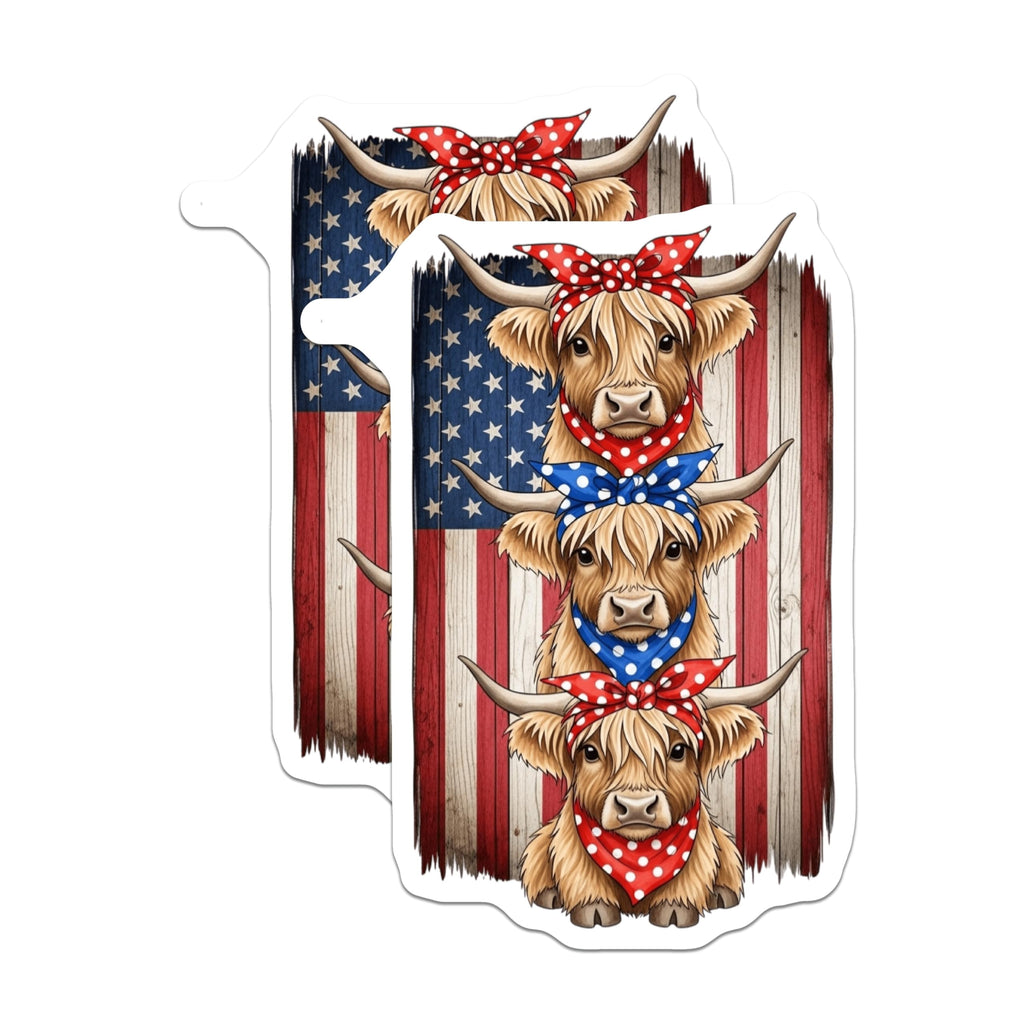 (2 Pack) Highland Cow Magnets - Patriotic Farmhouse American Flag Decor - Cute Rustic Animal Kitchen Magnets - 5 Inches On Longest Side - Thick Durable Magnet - Made in USA - MAG20508