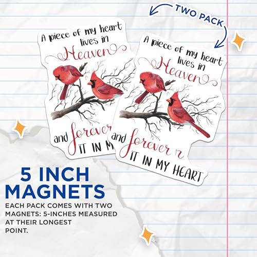 (2 Pack) Cardinal Memorial Magnets - Heaven Remembrance - Sentiment Keepsake for Loved Ones - 5" On Longest Side - for Cars, Fridges, Toolboxes - Made in USA - MAG7291