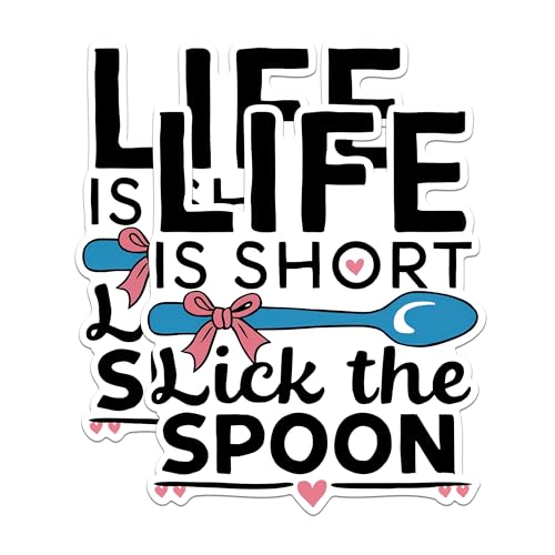 (2 Pack) Life is Short Lick The Spoon Stickers - Funny Kitchen Quote Stickers - Culinary Inspiration Stickers - 5" On Longest Side - Sticks to Any Smooth Flat Surface - Made in USA - BMCS2993