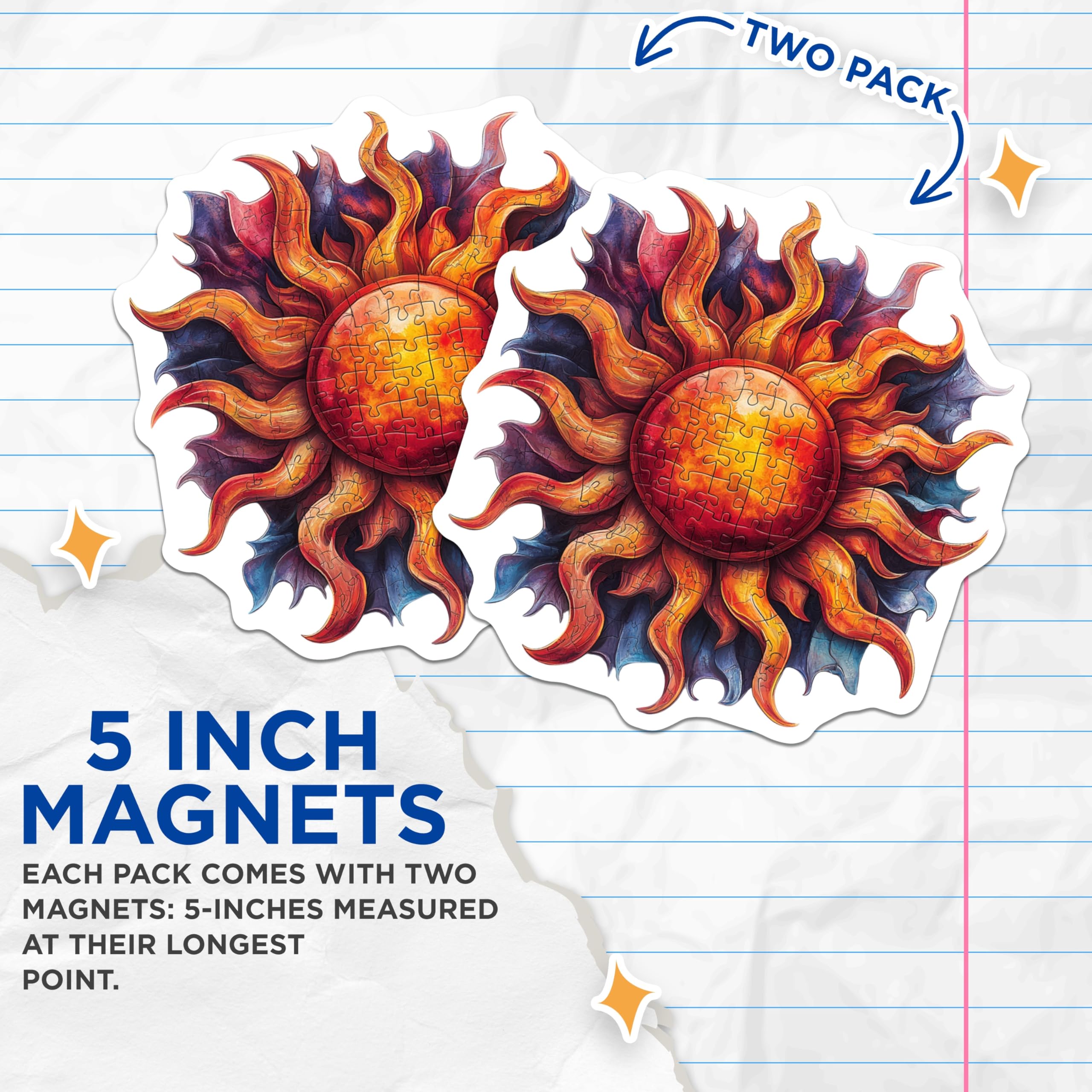 (2 Pack) Mystical Sun Magnets - Artistic Puzzle Design - Celestial Fridge Decor - 5 Inches On Longest Side - Thick Durable Magnet - Made in USA - MAG25970