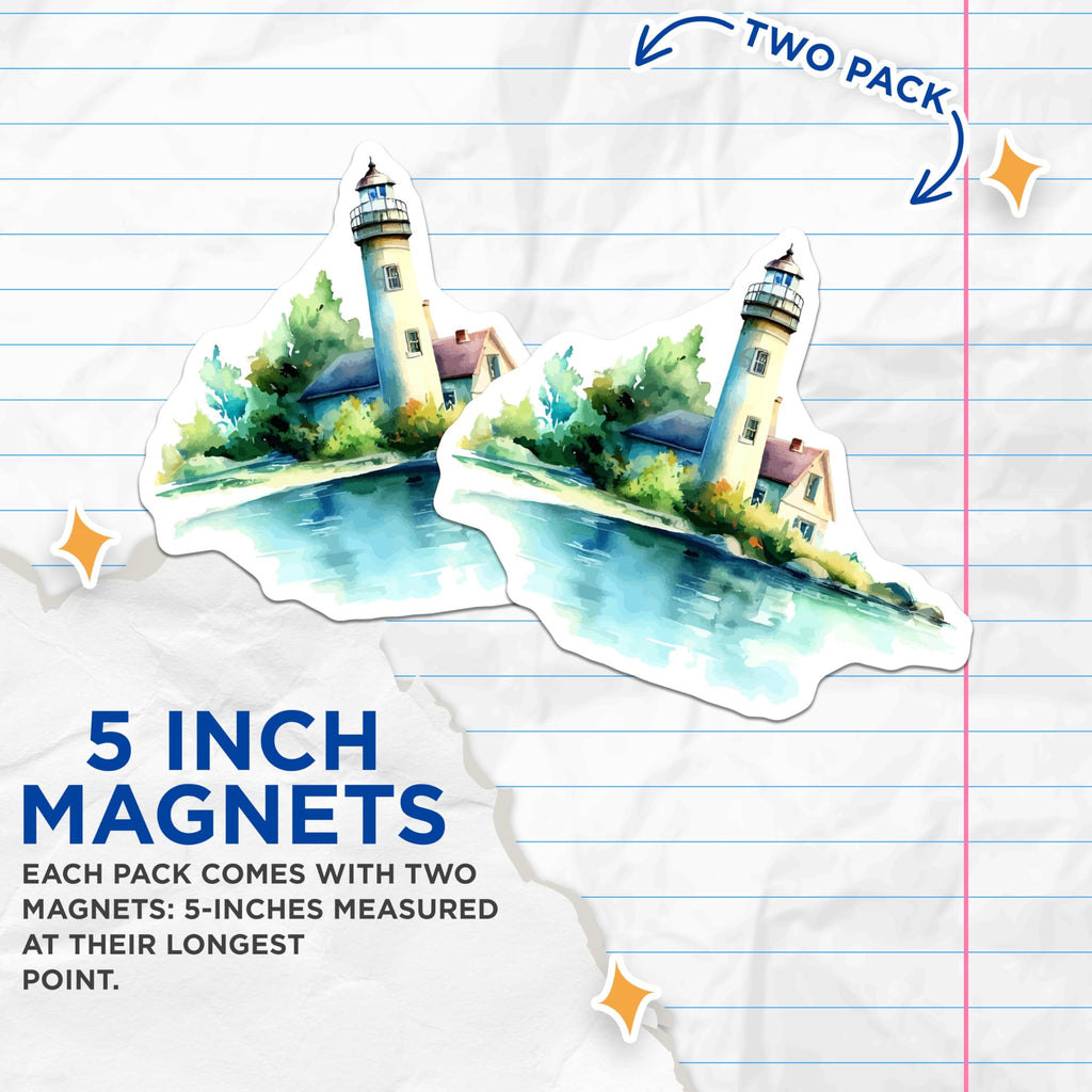 (2 Pack) Lighthouse Magnets - Watercolor Coastal Seascape Art - Nautical Ocean View Home Decor - Beach House Aesthetic Accent - 5 Inches On Longest Side - Thick Durable Magnet - Made in USA - MAG19695