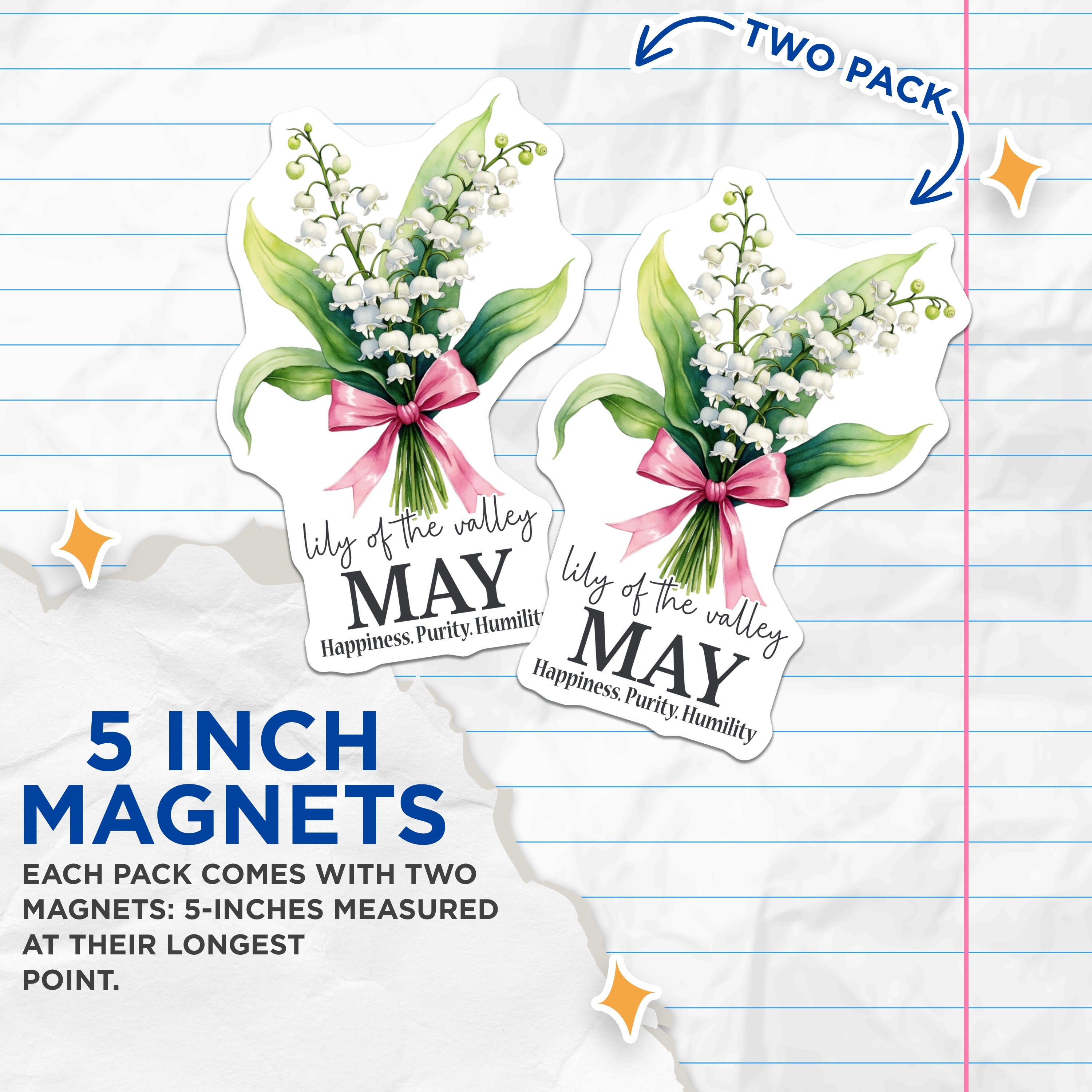 (2 Pack) Lily of the Valley Magnets - May Birth Flower Art - Botanical Floral Decor - Spring Refrigerator Accessory - 5 Inches On Longest Side - Thick Durable Magnet - Made in USA - MAG38946