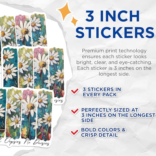 (3 Pack) Daisy Flower Decals - Floral Laptop Decal - Painted Daisy Art - 3 Inches On Longest Side - Easy Peel & Apply - Made in USA - 3MCS8207