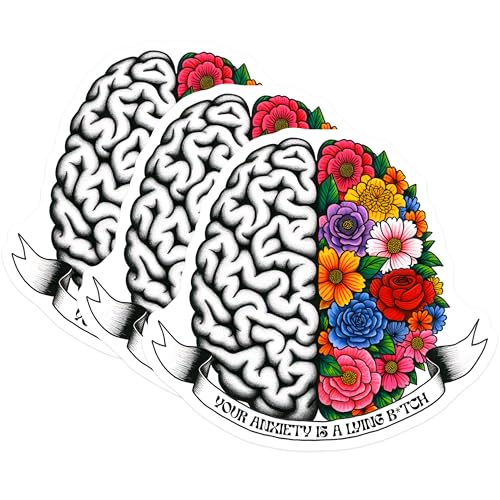 (3 Pack) Floral Brain Decals - Anxiety Awareness - Mental Health Stickers - 3 Inches On Longest Side - Easy Peel & Apply - Made in USA - 3MCS7015