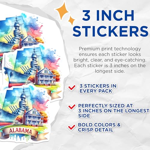 (3 Pack) Alabama Decals - Battleship Decal - Watercolor State Decal- 3 Inches On Longest Side - Easy Peel & Apply - Made in USA - 3MCS5435
