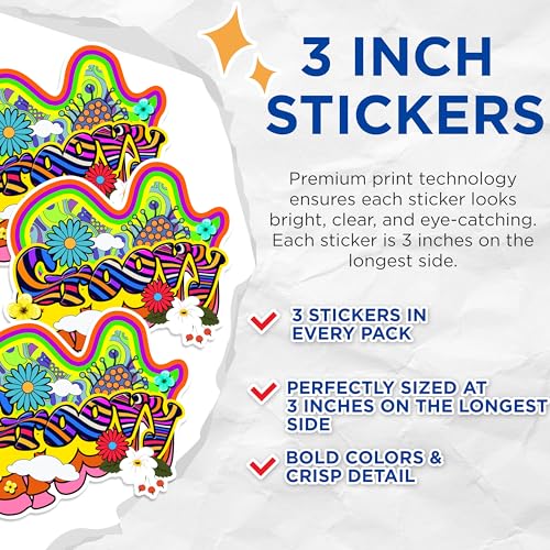 (3 Pack) Groovy Decals - Retro Flower Power Stickers - Psychedelic Laptop Decal - 3 Inches On Longest Side - Easy Peel & Apply - Made in USA - 3MCS1445