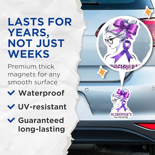 (2 Pack) Purple Ribbon Magnet - Support Alzheimer's Research - 5" On Longest Side - Sticks to Smooth Flat Surfaces - Made in USA - MAG9796