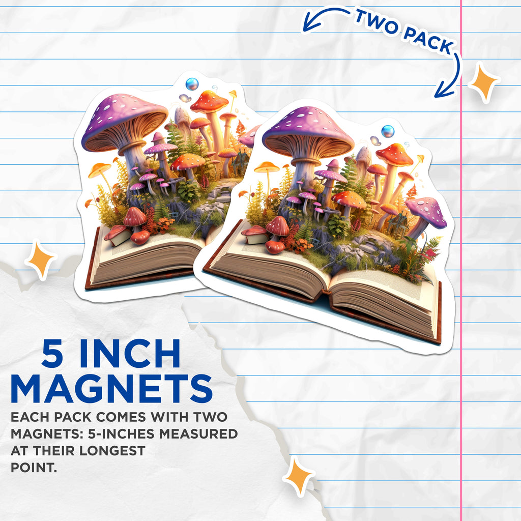 (2 Pack) Fantasy Mushroom Story Magnets - Enchanted Book Nook Decor - Whimsical Fairytale Scene - 5 Inches On Longest Side - Thick Durable Magnet - Made in USA - MAG38950