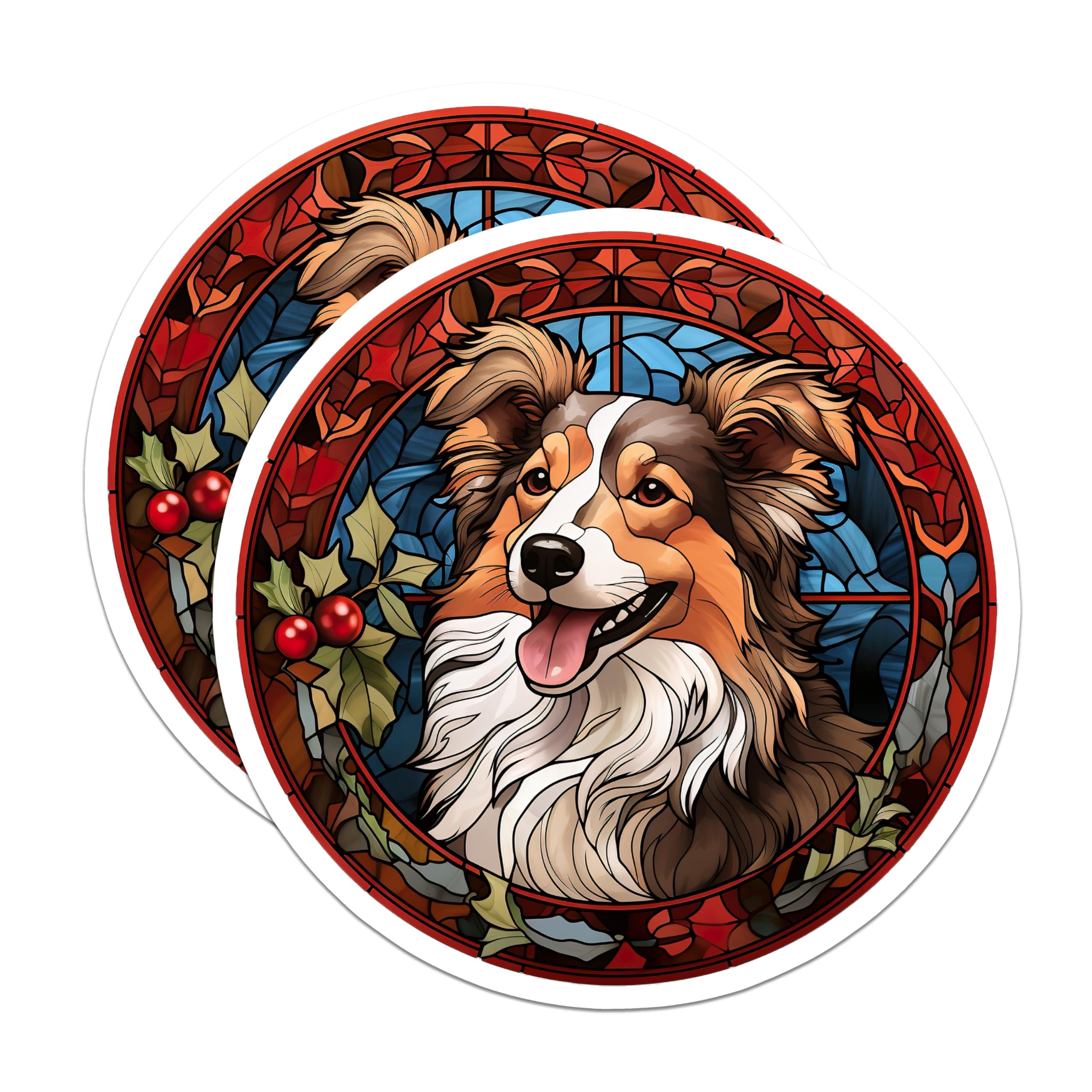 (2 Pack) Border Collie Stained Glass Magnets - Christmas Dog Decor - Holiday Pet Lover Item - 5 Inches On Longest Side - Thick Durable Magnet - Made in USA - MAG30502