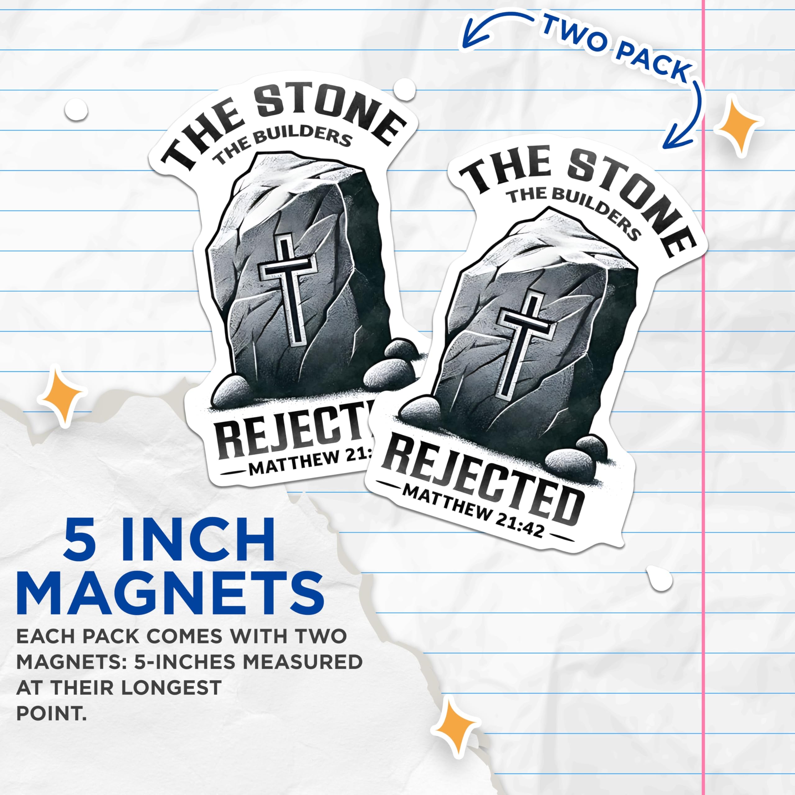 (2 Pack) Christian Cornerstone Magnets - Rejected Stone Art - Matthew 21:42 Scripture Decor - 5 Inches On Longest Side - Thick Durable Magnet - Made in USA - MAG24756