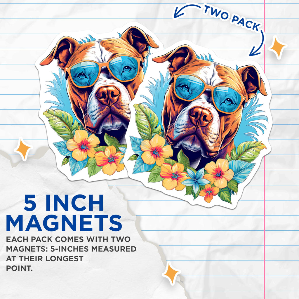 (2 Pack) Pitbull Magnets - Cool Dog Sunglasses - Tropical Summer Flowers - Pet Lover Decor - Vibrant Animal Art - 5 Inches On Longest Side - Thick Durable Magnet - Made in USA - MAG22380