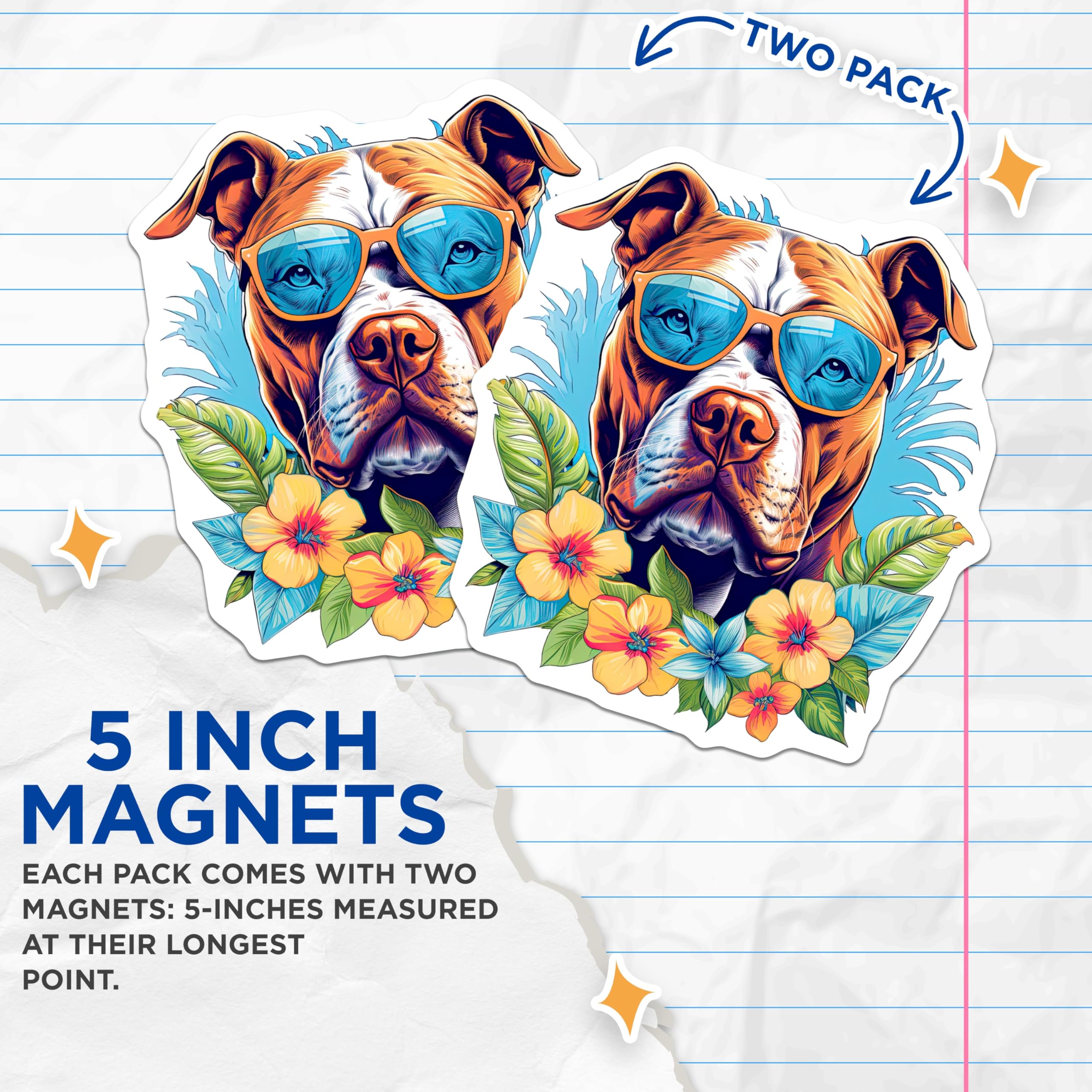 (2 Pack) Pitbull Magnets - Cool Dog Sunglasses - Tropical Summer Flowers - Pet Lover Decor - Vibrant Animal Art - 5 Inches On Longest Side - Thick Durable Magnet - Made in USA - MAG22380