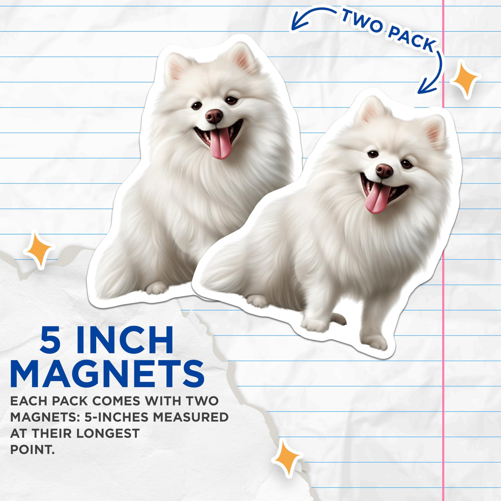 (2 Pack) White Fluffy Dog Magnets - Cute Pomeranian American Eskimo - Happy Puppy Pet Lover Refrigerator Decor - 5 Inches On Longest Side - Thick Durable Magnet - Made in USA - MAG28576