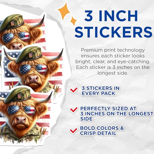 (3 Pack) Patriotic Highland Cow Decals - Military Cow - American Flag Sunglassess- 3 Inches On Longest Side - Easy Peel & Apply - Made in USA - 3MCS5121