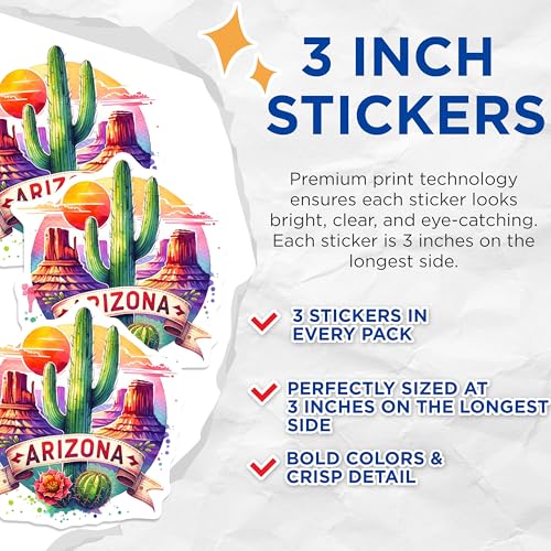 (3 Pack) Arizona Desert Decals - Cactus Decal - Western State Decals- 3 Inches On Longest Side - Easy Peel & Apply - Made in USA - 3MCS5592