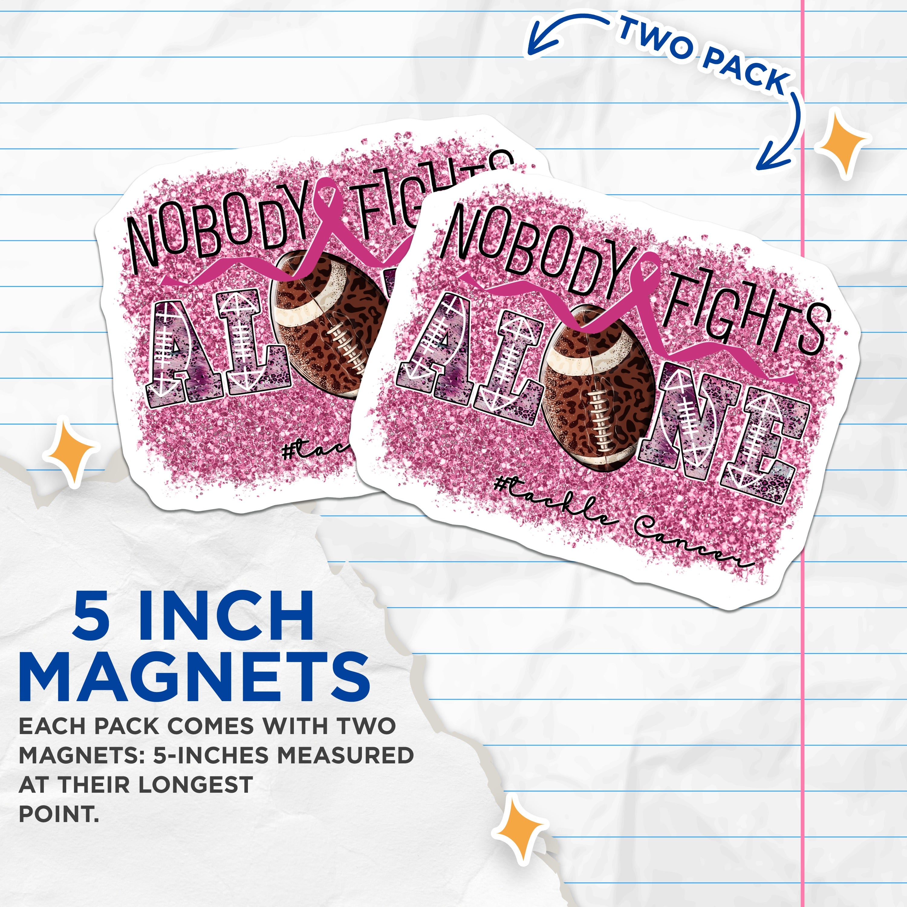 (2 Pack) Football Cancer Awareness Magnets - Breast Cancer Supporter - Nobody Fights Alone Theme - 5 Inches On Longest Side - Thick Durable Magnet - Made in USA - MAG39957