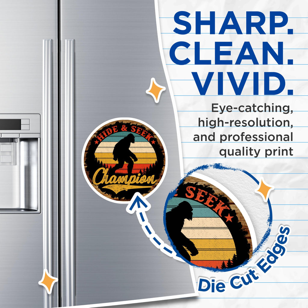 (2 Pack) Bigfoot Hide & Seek Champion Magnets - Funny Sasquatch Retro Decor - Outdoor Adventure Humor for Men - 5 Inches On Longest Side - Thick Durable Magnet - Made in USA - MAG30091