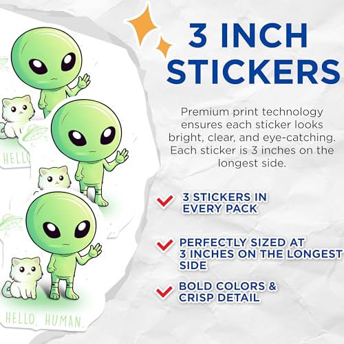 (3 Pack) Alien Cat Decals - Funny Laptop Decals - Cute UFO Stickers - 3 Inches On Longest Side - Easy Peel & Apply - Made in USA - 3MCS6537