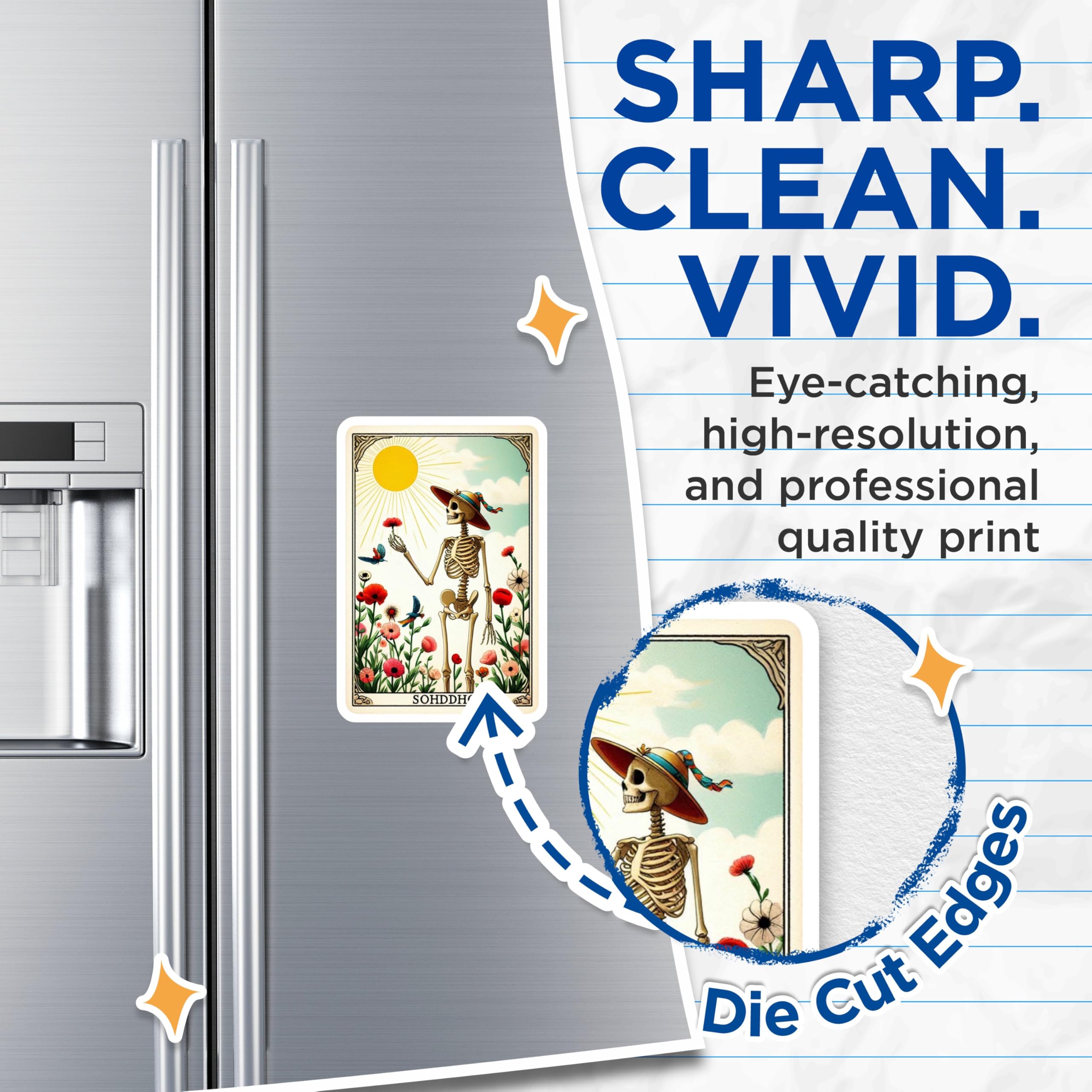 (2 Pack) Dia de Los Muertos Magnets - Skeleton Sun Tarot Card Art - Vibrant Floral Mexican Folk Refrigerator Decor - 5 Inches On Longest Side - Thick Durable Magnet - Made in USA - MAG22956