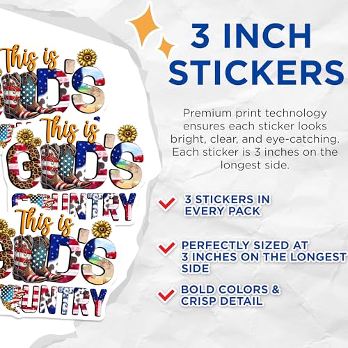 (3 Pack) This is Gods Country Decals - Patriotic Country Decal - Cowboy Boots Decal - 3 Inches On Longest Side - Easy Peel & Apply - Made in USA - 3MCS6641