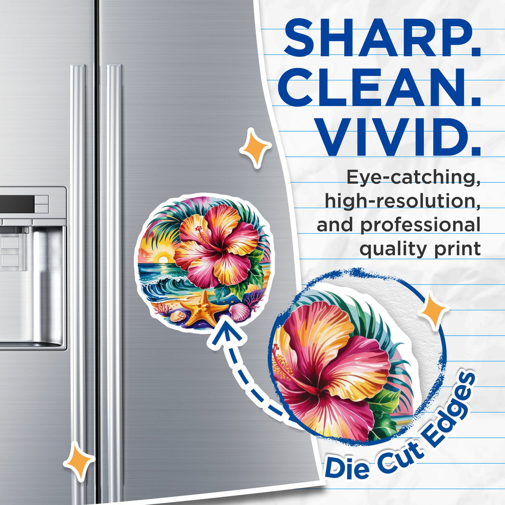 (2 Pack) Tropical Beach Sunset Magnets - Hawaiian Hibiscus Floral - Ocean Waves Coastal Decor - Sea Life Fridge Decor - 5" - Durable Magnet - Made in USA - MAG38630