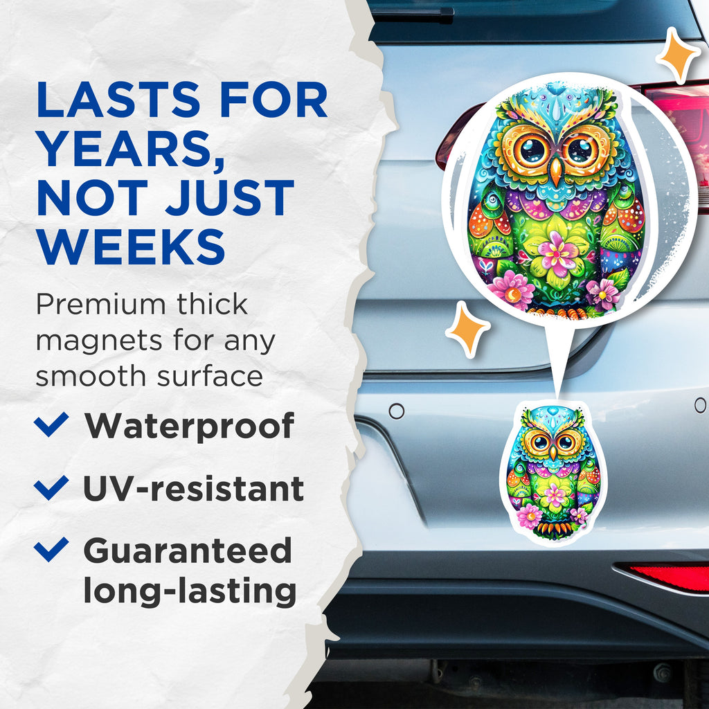 (2 Pack) Vibrant Folk Art Owl Magnets - Bohemian Kitchen Decor - Whimsical Spiritual Animal Refrigerator Magnet Set - 5 Inches On Longest Side - Thick Durable Magnet - Made in USA - MAG38709