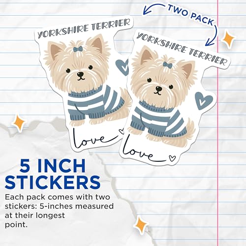 (2 Pack) Yorkshire Terrier Stickers - Cute Dog Stickers - Love Pet Stickers - 5" On Longest Side - Sticks to Smooth Flat Surfaces - Made in USA - BMCS7311
