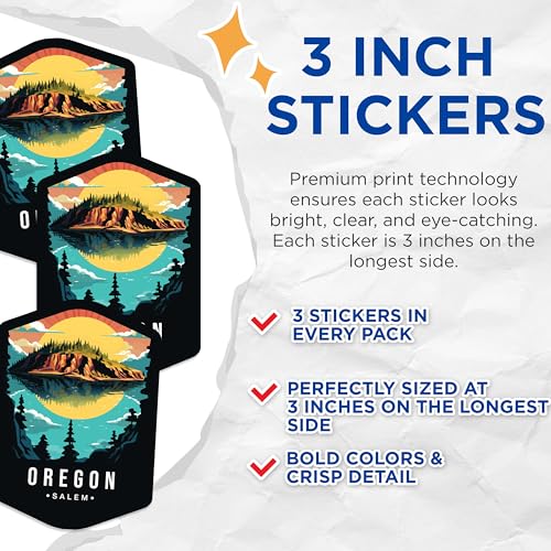 (3 Pack) Oregon Salem Decals - Landscape Laptop Decal - Pacific Northwest Sticker - 3 Inches On Longest Side - Easy Peel & Apply - Made in USA - 3MCS0378