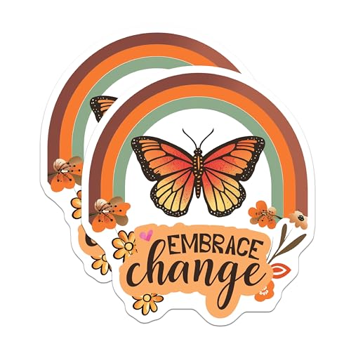 (2 Pack) Embrace Change Stickers - Inspirational Rainbow Butterfly - Motivational Quote - 5" On Longest Side - Sticks to Smooth Flat Surfaces - Made in USA - BMCS4333