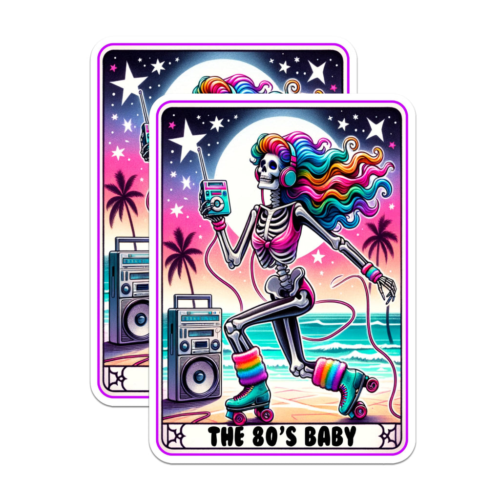 (2 Packs) The 80s Baby Tarot Card Stickers - Mystical 80s Retro Tarot Card Decals - 5 Inches On Longest Side - Premium Vinyl Decal - Sticks to Any Smooth Flat Surface - Made in USA - BMCS2536