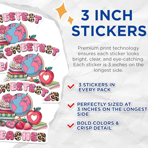 (3 Pack) Sweetest Teacher Decals - Teacher Appreciation - School Decor - 3 Inches On Longest Side - Easy Peel & Apply - Made in USA - 3MCS6422