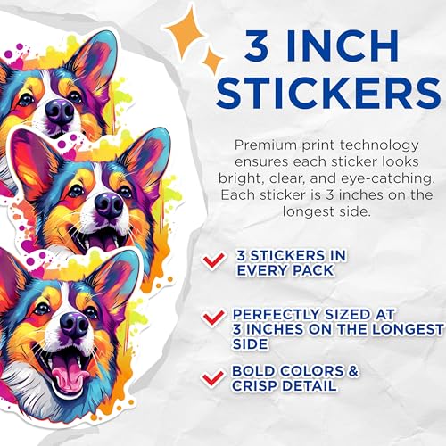 (3 Pack) Corgi Dog Decals - Cute Puppy Stickers - Colorful Laptop Decals - 3 Inches On Longest Side - Easy Peel & Apply - Made in USA - 3MCS0791