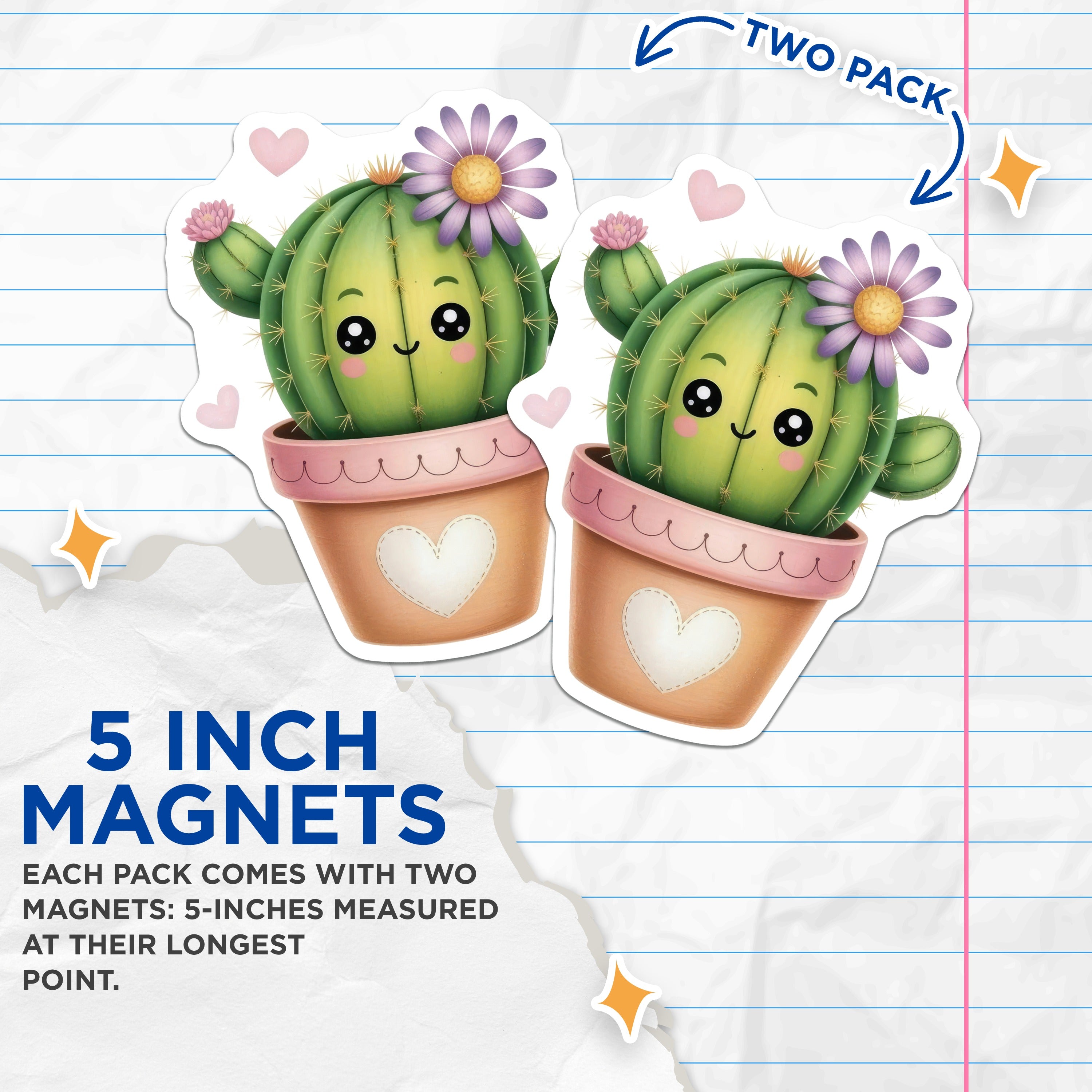 (2 Pack) Kawaii Cactus Magnets - Cute Succulent Decor - Plant Lover Accent - Refrigerator Locker Art - 5 Inches On Longest Side - Thick Durable Magnet - Made in USA - MAG38281