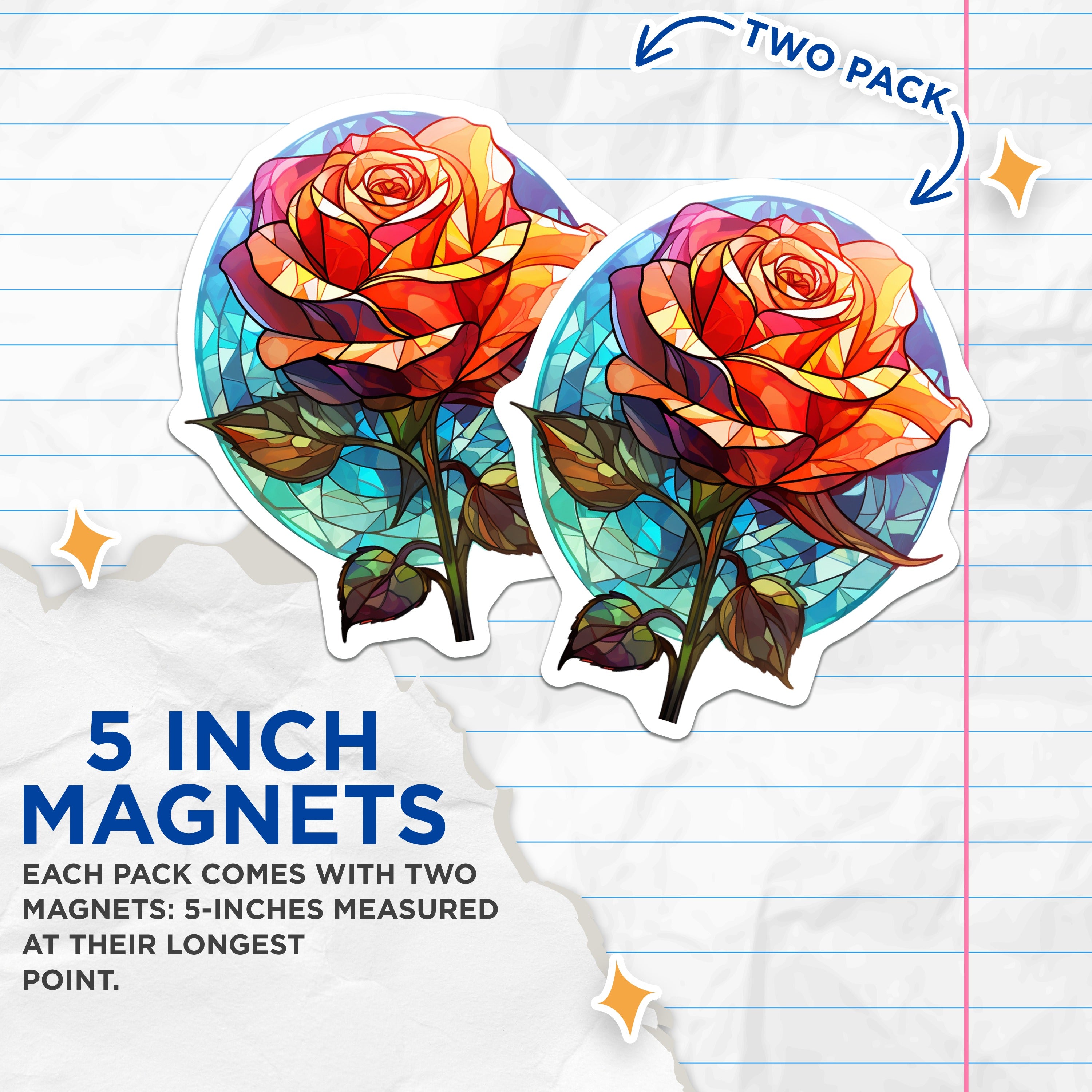 (2 Pack) Stained Glass Rose Magnets - Floral Fridge Decor - Aesthetic Kitchen Accents - 5 Inches On Longest Side - Thick Durable Magnet - Made in USA - MAG36955