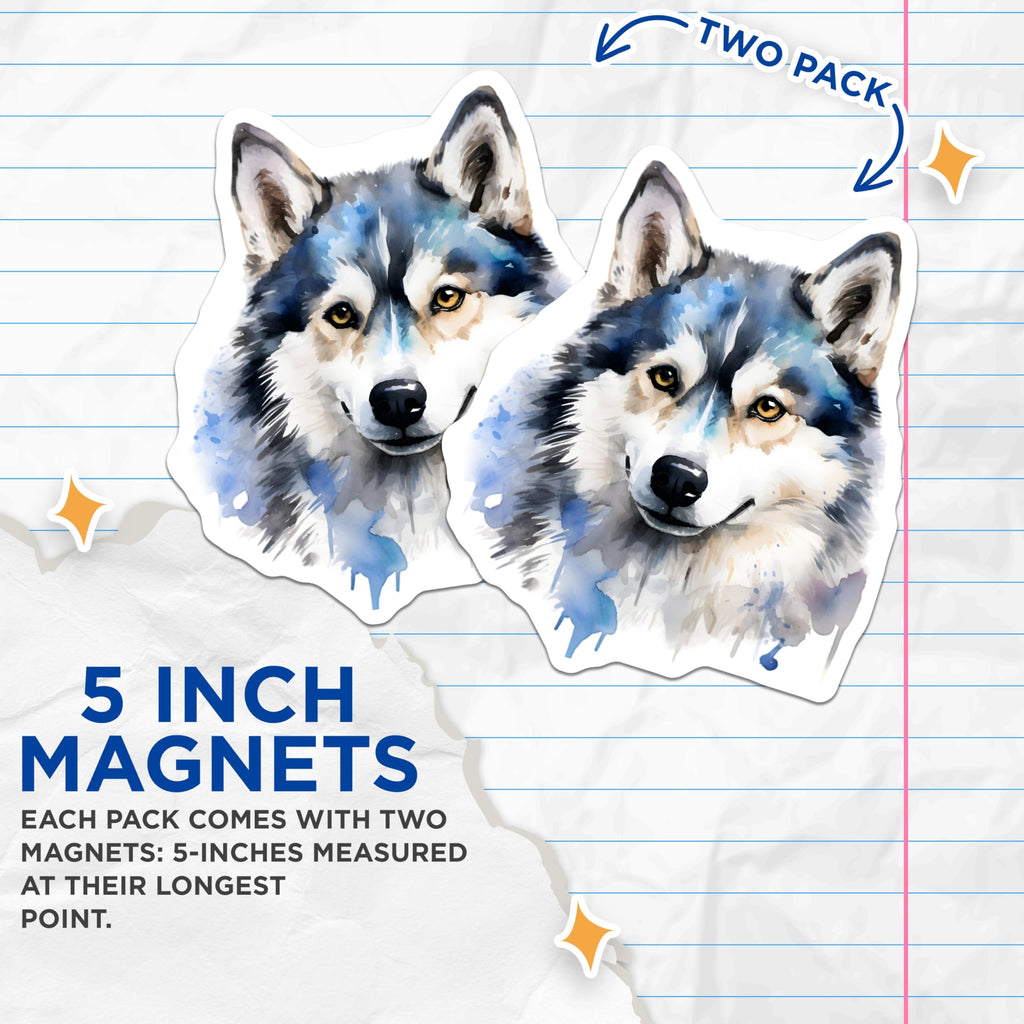 (2 Pack) Watercolor Husky Magnets - Dog Lover Fridge Decor - Animal Art Accent - 5 Inches On Longest Side - Thick Durable Magnet - Made in USA - MAG25271