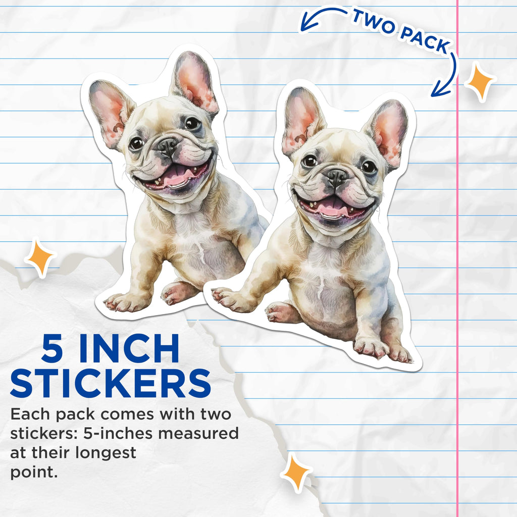 (2 Pack) French Bulldog Stickers - Happy Dog - Cute Puppy - 5" On Longest Side - Sticks to Smooth Flat Surfaces - Made in USA - BMCS14105