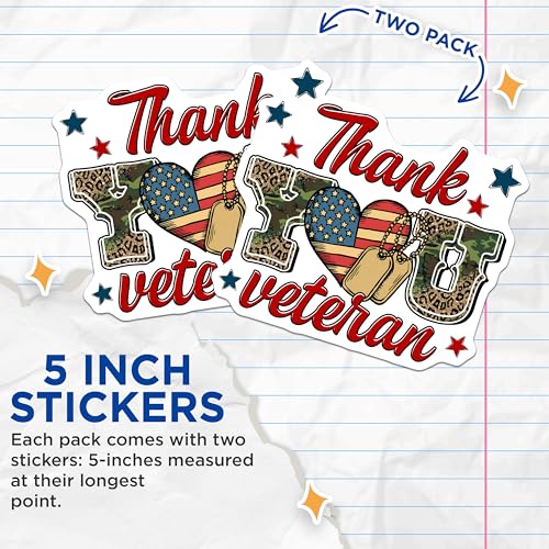 (2 Pack) Thank You Veteran Stickers - Patriotic Decor - Military Appreciation - 5" On Longest Side - Sticks to Smooth Flat Surfaces - Made in USA - BMCS8367 - American Pride Decals