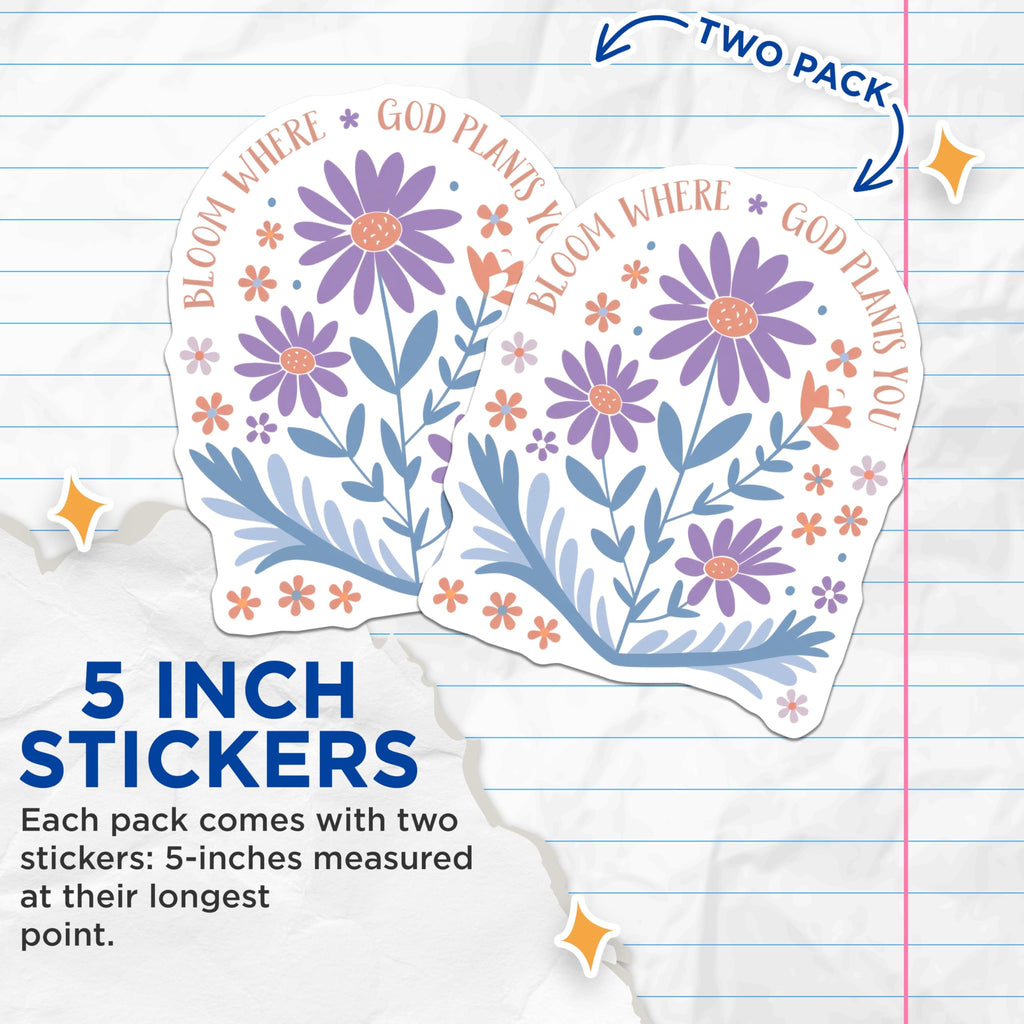 (2 Pack) Bloom Where You are Planted Stickers - Floral Quote Sticker - Inspirational Flower Stickers 5" On Longest Side - Sticks to Smooth Flat Surfaces - Made in USA - BMCS12960